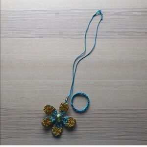 Flower Necklace Yellow, Blue & Orange Beads 22”